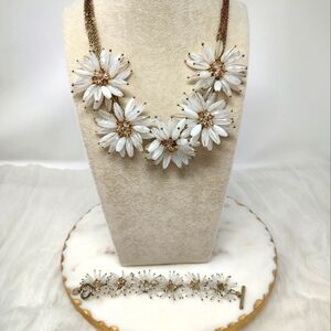 Talbots White And Gold Statement Beaded Floral Necklace and Bracelet Set